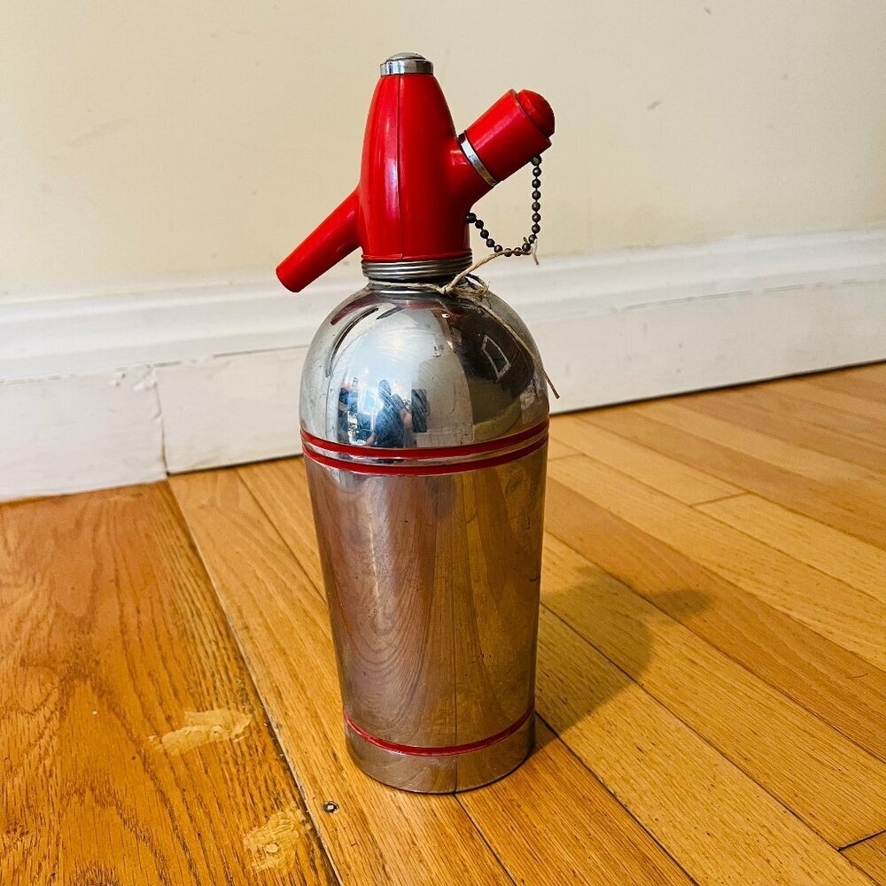 Vintage Sparklets Syphon Seltzer Bottle Soda Water Red Line Chrome England MCM